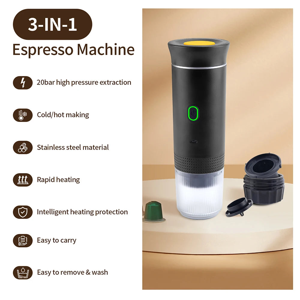 Portable Wireless Electric Espresso Coffee Machine for Travel &Car &Home Camping Coffee Maker 3-In-1 Capsule Powder Coffee Maker