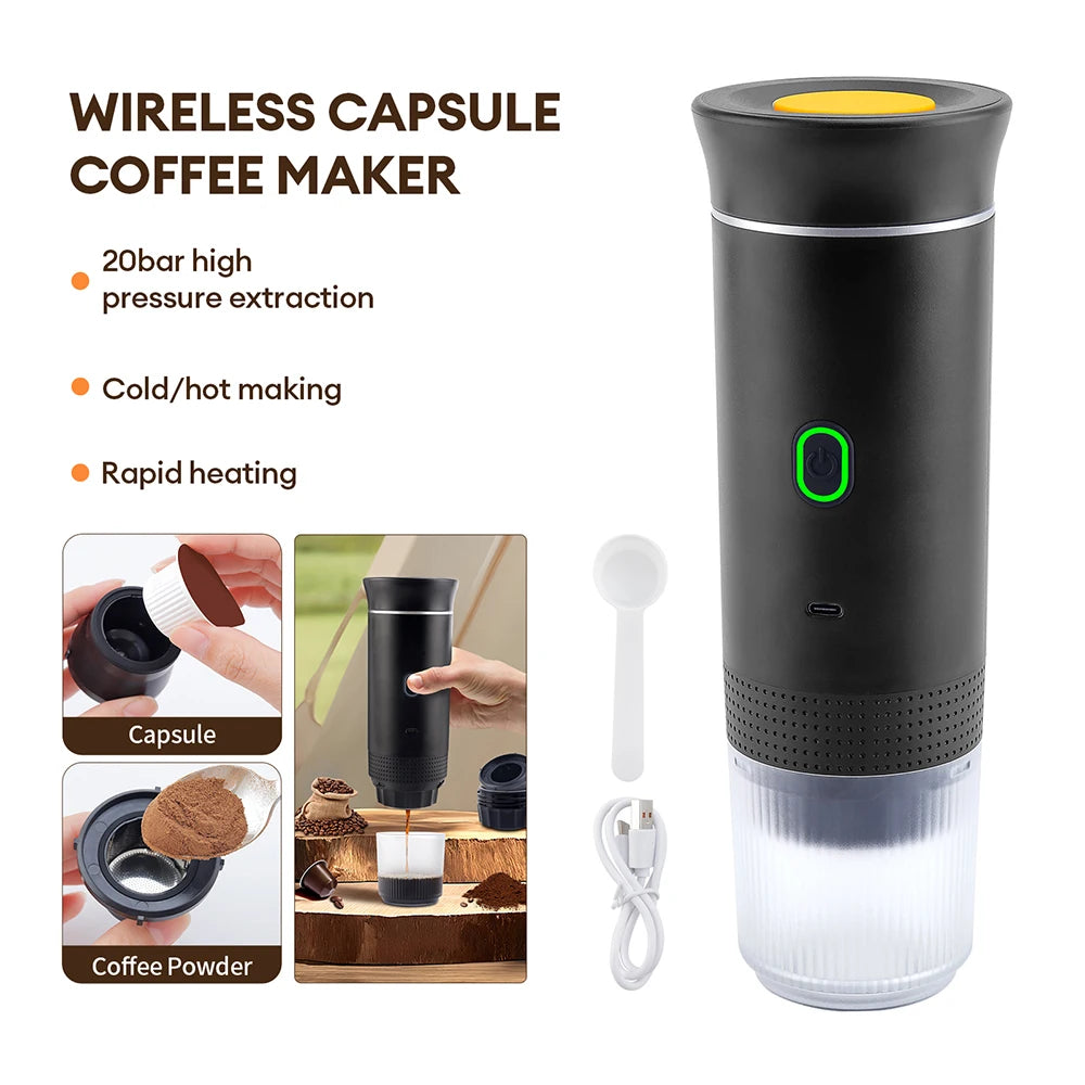 Portable Wireless Electric Espresso Coffee Machine for Travel &Car &Home Camping Coffee Maker 3-In-1 Capsule Powder Coffee Maker