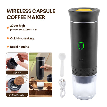 Portable Wireless Electric Espresso Coffee Machine for Travel &Car &Home Camping Coffee Maker 3-In-1 Capsule Powder Coffee Maker