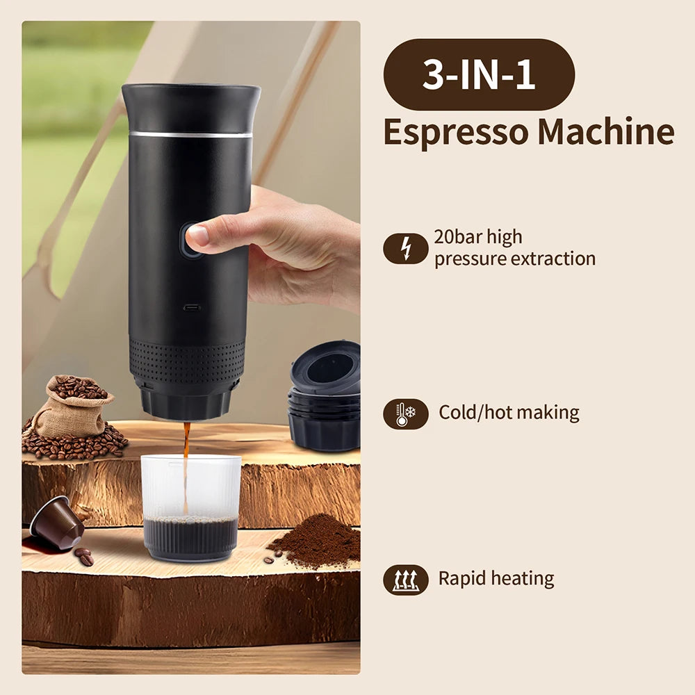 Portable Wireless Electric Espresso Coffee Machine for Travel &Car &Home Camping Coffee Maker 3-In-1 Capsule Powder Coffee Maker
